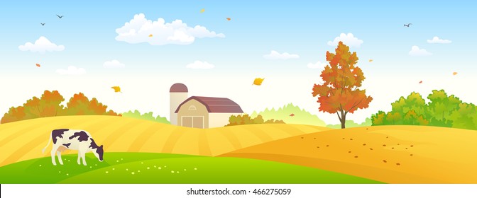 Vector illustration of an autumn farm banner with wheat fields and a grazing cow
