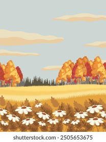 Ilustración vectorial. Campo de otoño, trigo, margaritas, bosque, otoño acogedor. Fiesta de la cosecha, Acción de Gracias, granja. Cartel, Anuncio, postal, diseño de la cubierta. Diseño moderno.