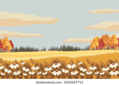 Vector illustration. Autumn field, wheat field, harvest, forest, daisies. Website background, landing page, horizontal banner, cover, postcard. Modern design.