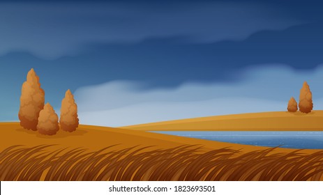 Ilustración vectorial del paisaje de los campos otoñales con árboles y cielo tormentoso. Paisaje otoñal rural. Fondo vectorial de hierba seca amarilla, nubes lluviosas en el cielo sobre el paisaje del campo.
