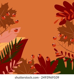 Vektorillustration. Herbstliche Illustration im flachen Stil mit Kopierraum für Text. Blumen- und Blattdrucke für Grußkarten, Poster, Banner, Poster und Cover, Blogging und Werbeartikel.