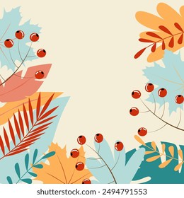 Ilustración vectorial. Ilustración de otoño en estilo plano con espacio de copia para el texto. Impresiones florales y de hojas para tarjetas de felicitación, carteles, Anuncios, carteles y cubiertas, blogs y artículos promocionales.