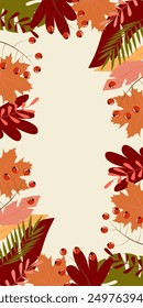 Ilustración vectorial. Ilustración de otoño en estilo plano con espacio de copia para texto. Estampados florales y frondosos para tarjetas de felicitación, carteles, Anuncios, carteles y portadas, blogs y artículos promocionales.