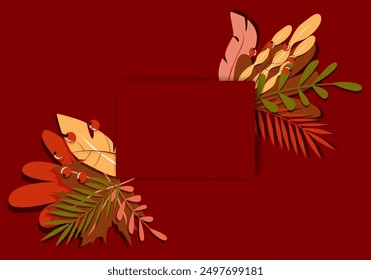 Ilustración vectorial. Ilustración de otoño en estilo plano con espacio de copia para texto. Estampados florales y frondosos para tarjetas de felicitación, carteles, Anuncios, carteles y portadas, blogs y artículos promocionales.