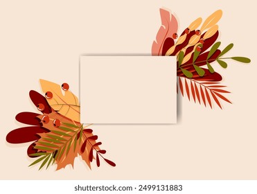 Ilustración vectorial. Ilustración de otoño en estilo plano con espacio de copia para texto. Estampados florales y frondosos para tarjetas de felicitación, carteles, Anuncios, carteles y portadas, blogs y artículos promocionales.