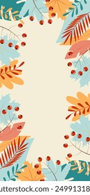 Ilustración vectorial. Ilustración de otoño en estilo plano con espacio de copia para texto. Estampados florales y frondosos para tarjetas de felicitación, carteles, Anuncios, carteles y portadas, blogs y artículos promocionales.