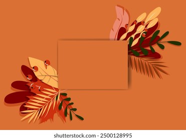 Ilustración vectorial. Ilustración de otoño en estilo plano con espacio de copia para texto. Estampados florales y frondosos para tarjetas de felicitación, carteles, Anuncios, carteles y portadas, blogs y artículos promocionales.