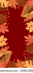 Ilustración vectorial. Ilustración de otoño en estilo plano con espacio de copia para texto. Estampados florales y frondosos para tarjetas de felicitación, carteles, Anuncios, carteles y portadas, blogs y artículos promocionales.