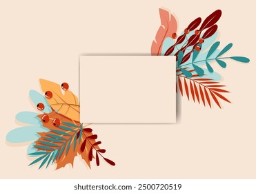 Ilustración vectorial. Ilustración de otoño en estilo plano con espacio de copia para texto. Estampados florales y frondosos para tarjetas de felicitación, carteles, Anuncios, carteles y portadas, blogs y artículos promocionales.