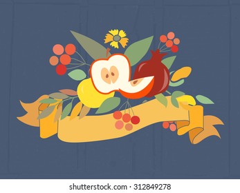 Vector illustration of  autumn floral bundles with fruits. Ribbons with red, brown and orange flowers, fruits and herbs. Flower template for personal card, company logotype or invitation card