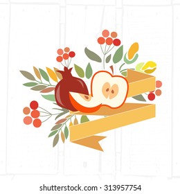 Vector illustration of  autumn floral bundles with fruits. Ribbons with red, brown and orange flowers, fruits and herbs. Autumn flower template for personal card, company logotype or invitation card