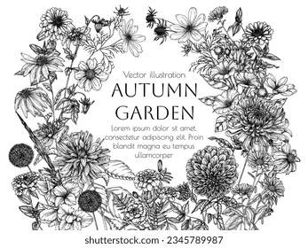 Vector illustration autumn flowers. Dahlia, cosmos, zinnia, marigold, calendula, rudbeckia, gladiolus, datura, eryngium, allium, chrysanthemum in engraving style