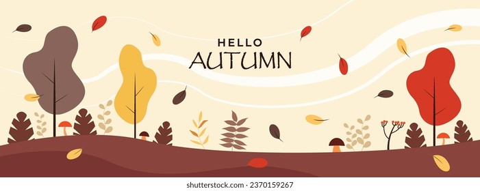 Vector illustration of autumn forest, banner template, drawing on the theme of autumn, leaves, trees, mushrooms in the forest. Design elements.