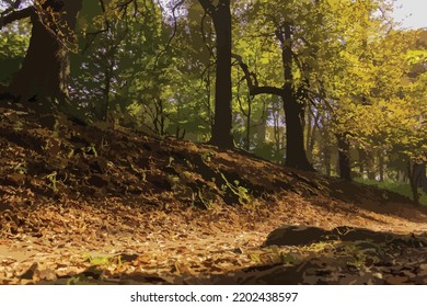 Vector illustration of autumn forest. The bright sun shining through the crowns of the trees. The golden color of the leaves. Forest Road. Forest, road, coming autumn. Environment.Walk, stay in nature