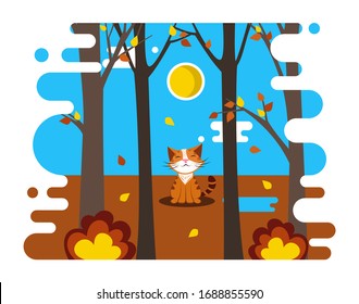 Vector illustration with autumn forest. A cat walks in the forest.