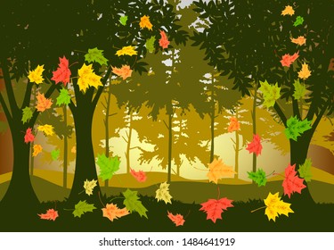 Vector illustration of autumn forest falling maple leaves autumn time of year symbol