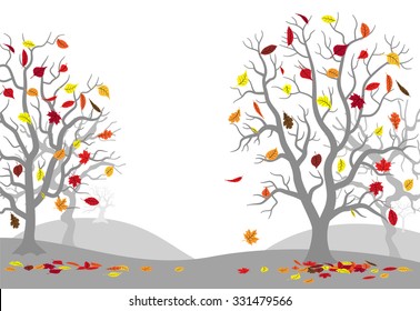 vector illustration of autumn forest with falling leaves