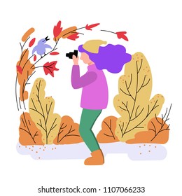 vector illustration of autumn forest, girl taking pictures of a bird on a tree