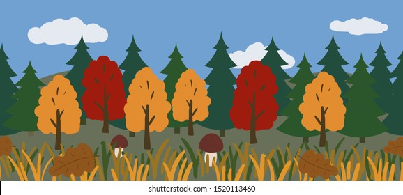 Vector illustration of autumn forest. Horizontal seamless pattern in flat style. Isolated layers