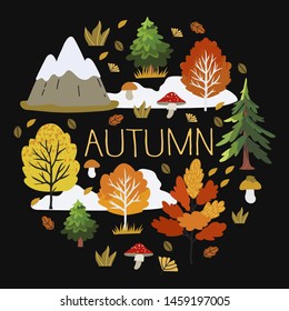 Vector illustration of a autumn forest with mountains, trees, mushrooms and yellow foliage that can be used for t-shirt print design, greeting card and other decorations.
