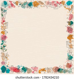 Vector illustration of autumn frame for banner, poster, calendar, flyer, advertisement design. Pattern for template, background, billboard, print. Doodle drawing with watercolor stains
