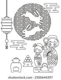 Vector illustration of autumn full moon festival coloring page. Two kokeshi contemplate the moon. Seasons and holidays of Japan