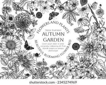 Vector illustration autumn garden. Dahlia, cosmos, zinnia, marigold, calendula, rudbeckia, gladiolus, datura, eryngium, allium and fallen leaves, berries in engraving style