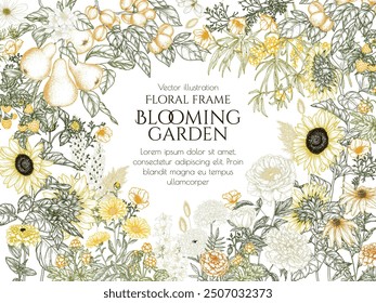 Vector illustration autumn garden in yellow-orange tones. Flowers, fruits, berries. Pears, apricots, sunflowers, peonies, cloudberries, yellow raspberries, sea buckthorn, calendula, California poppies