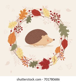 Vector Illustration of Autumn Greeting Card with Fall Leaves Wreath and Hedgehog. 