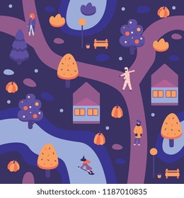 Vector illustration of autumn halloween city landscape with people wearing holiday costumes walking on street among private houses and trees on dark blue night background in flat style.
