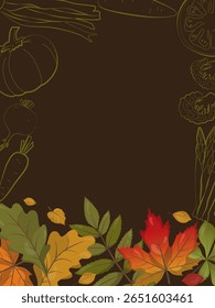 Vector illustration of an autumn harvest border featuring colorful leaves and outlined vegetables. Perfect for seasonal designs, invitations, or fall-themed projects.