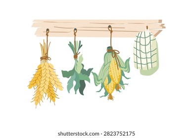 Vector illustration of autumn harvest hanging decorations in flat cartoon style. Featuring dried wheat ears sweet corn cobs herbs and kitchen towel on wooden beam for thanksgiving oktoberfest beer festival or rustic fall celebration.