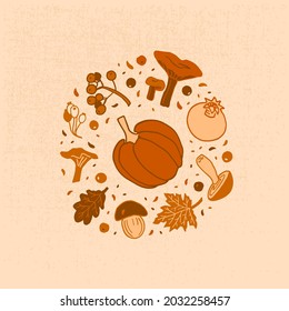 Vector illustration of autumn harvest. There are vegetables, leaves, berries, mushrooms. Picture in orange color palette.