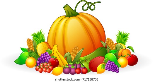 Vector illustration of Autumn harvest of vegetables and fruits