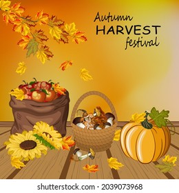Vector illustration with autumn harvest.Mushrooms, apples and pumpkin on a wooden background with autumn leaves in color vector illustration.