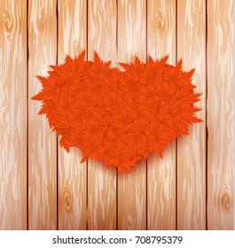 Vector illustration of an autumn heart from red maple leaves on a brown wooden background. Ready objects, elements with autumn background for your flyer, banner, infographics, poster, advertisement. 
