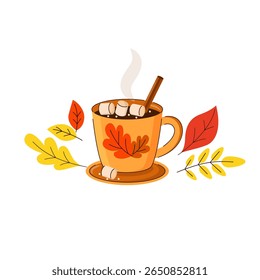Vector illustration of autumn hot drink in cup. The cartoon hand drawn design cocoa with marshmallows for cafe menu. Autumn leaves. White background.
