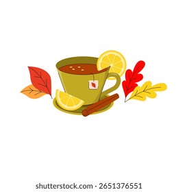Vector illustration of autumn hot drink in cup, warm tea. The cartoon hand drawn design tea with lemon for cafe menu. Autumn leaves. White background.