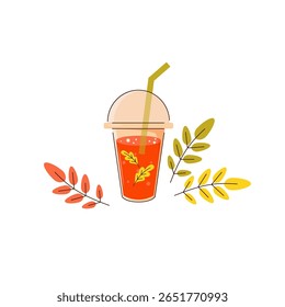 Ilustração vetorial de bebida quente de outono em vidro. O desenho animado mão desenhado chá de abóbora para o menu café. Folhas de outono. Fundo branco.