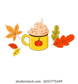 Ilustração vetorial da bebida quente de outono na caneca. O desenho desenhado à mão desenho desenho desenho bebida com creme para o menu café.  Folhas de outono. Fundo branco.
