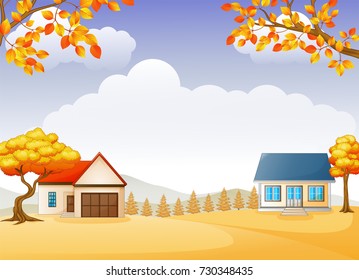 Vector illustration of Autumn house and garden with bright foliage trees