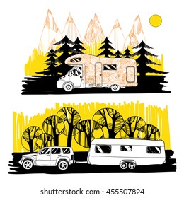 Vector illustration of autumn landscape of  adventure with camper van, motorhome on road. Family trip. Drawing design for logo, boho elements.