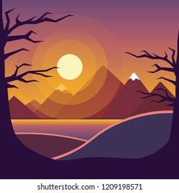 Vector illustration with autumn landscape background. Flat poster of a sunset over the mountains.
