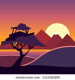 Vector illustration with autumn landscape background. Flat poster of a sunset over the mountains and trees on the hill.