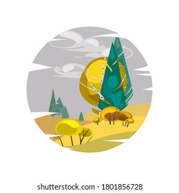Ilustración vectorial. El paisaje otoñal en círculo. 