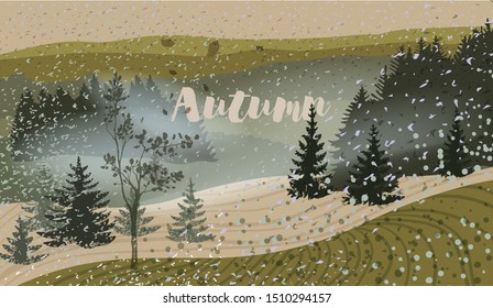 Vector illustration of autumn landscape with fields and mountains at sunset with beautiful sky in pastel colors in flat cartoon style.