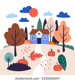 Vector illustration of an autumn landscape with a house, trees, pumpkins, and falling leaves in a flat design style. Ideal for seasonal themes, fall decorations, and countryside concepts.