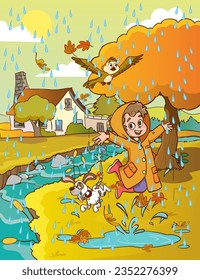 vector illustration of autumn landscape and kids