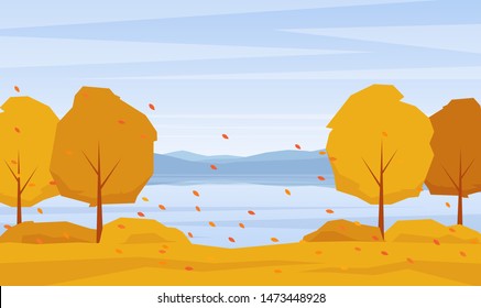Vector illustration: Autumn landscape with lake, trees and fall leaves