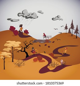 Vektorgrafik der Herbstlandschaft mit vielen Details. Blätter fallen herunter, es regnet und windig in einem Park. Und trotzdem finden die Leute Wege, die Saison zu genießen. 